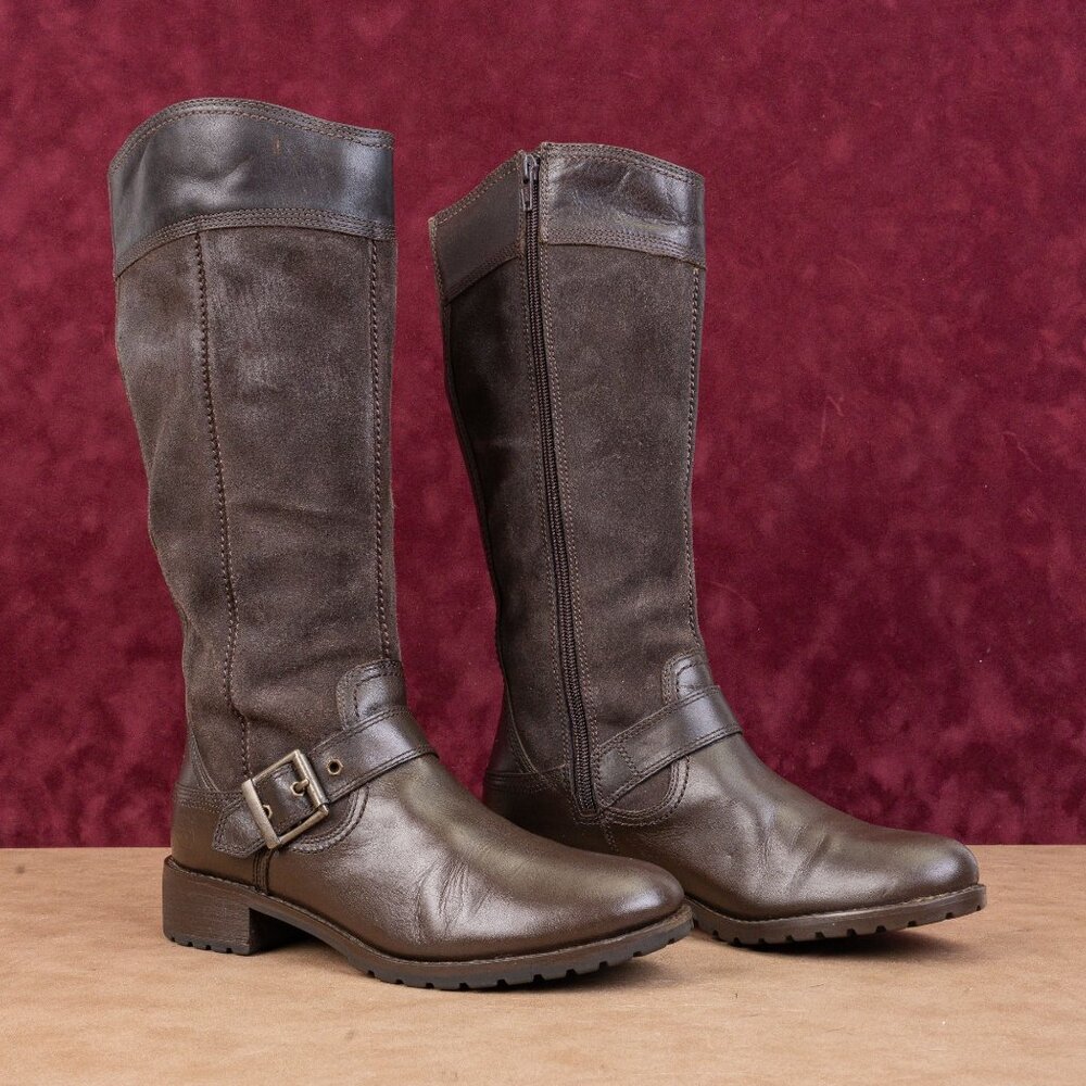 Timberland Women Earthkeepers Bethel Brown leather Buckle Moto  Knee Boots sz 7